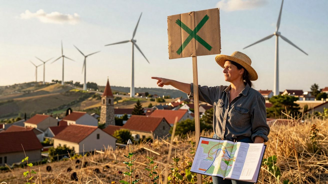Woman holding a map and sign with a green X, pointing towards a village with wind turbines in the background.