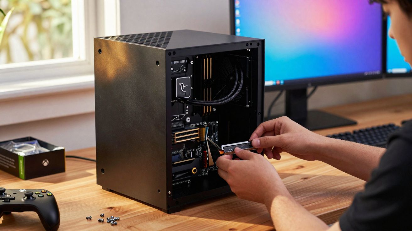 Person installing a component inside a black desktop PC case on a wooden desk with gaming accessories nearby.