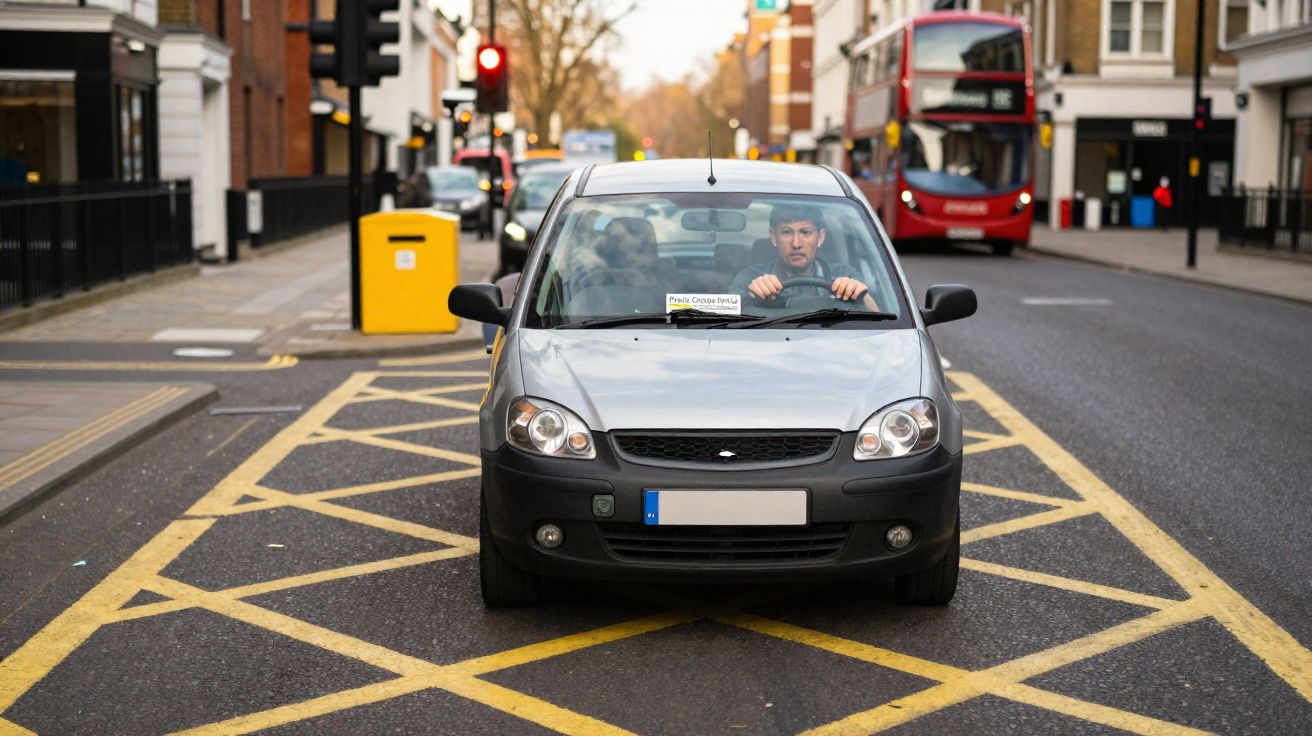 Man driving a car stopped at a red light on a city street with a double-decker bus in the background.