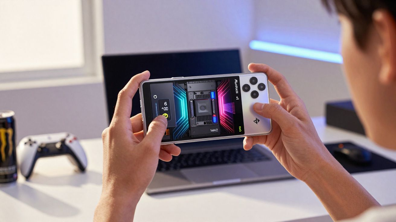 Person holding and playing on a white handheld gaming console with a laptop and controller in the background.
