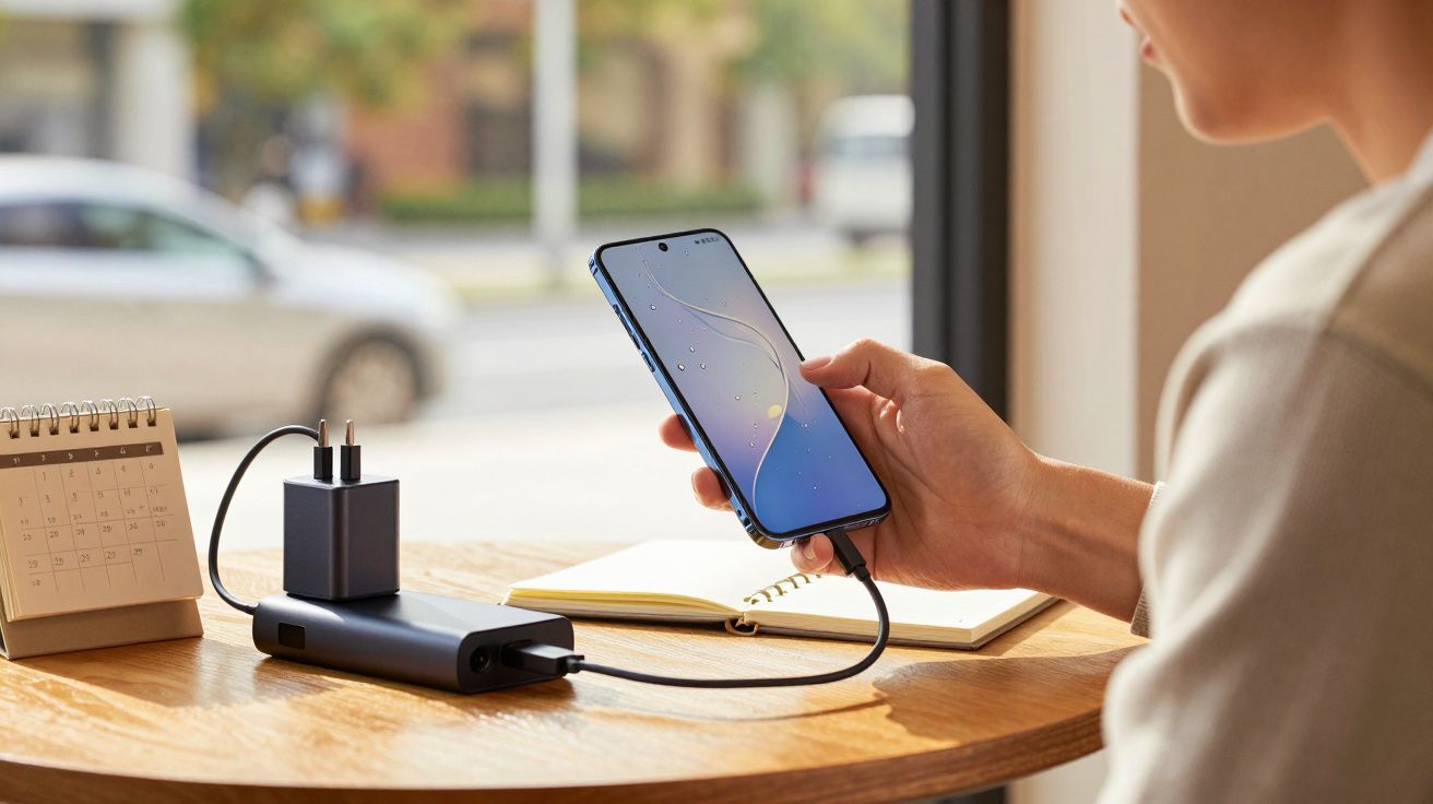 Person holding a smartphone connected to a charger on a wooden table beside a calendar and notebook by a window.