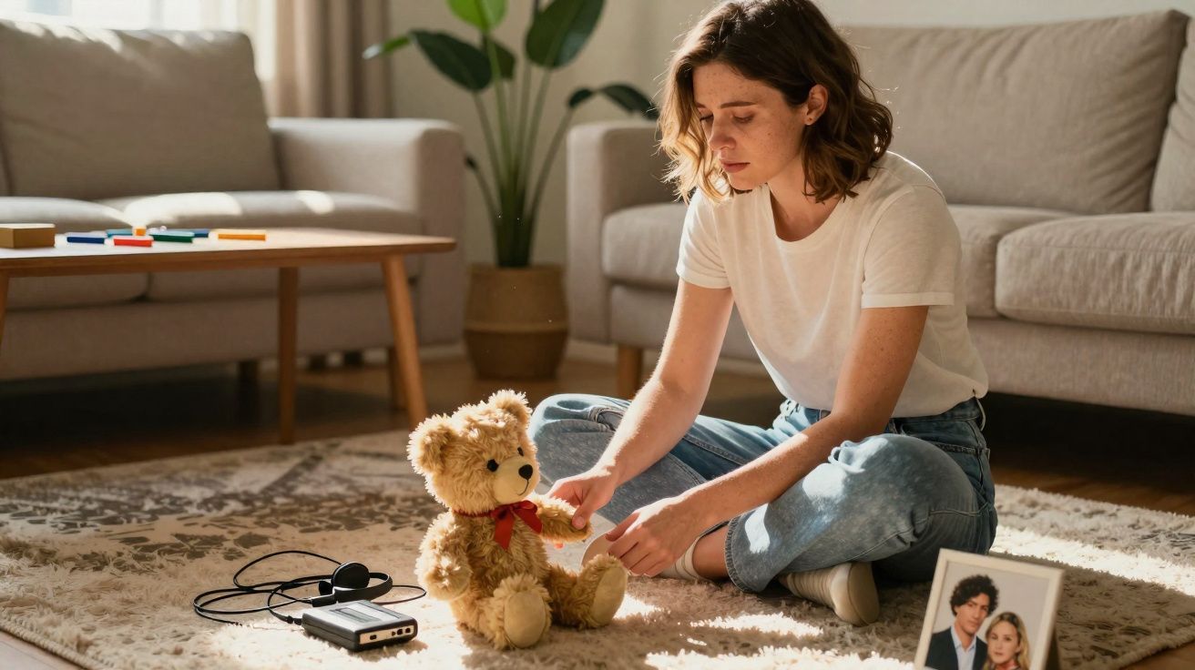Woman sitting on carpet playing with teddy bear beside vintage cassette player and framed photo in living room.