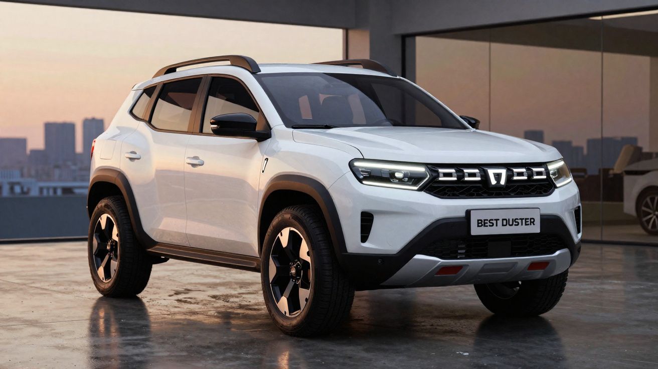 White Dacia Best Duster compact SUV parked indoors with sunset cityscape in the background.