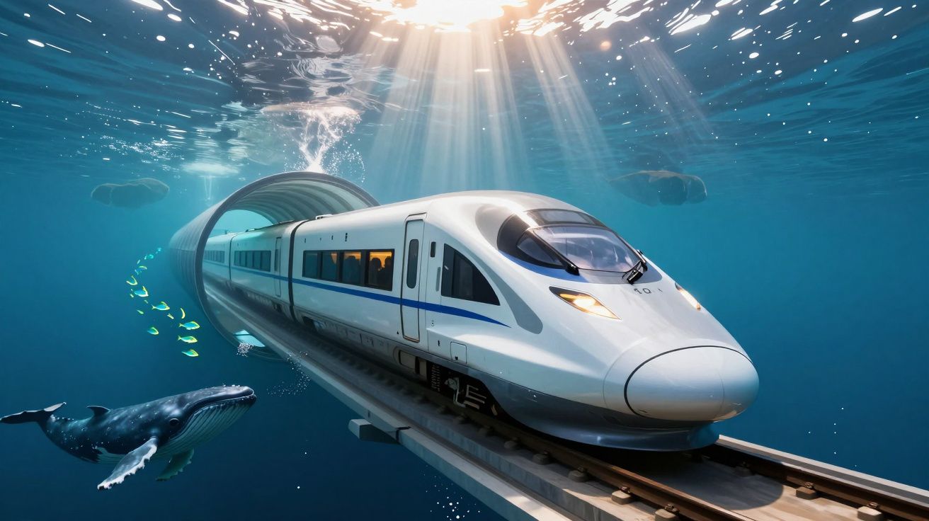 High-speed train travelling through an underwater tunnel with marine life and sunlight above the water.