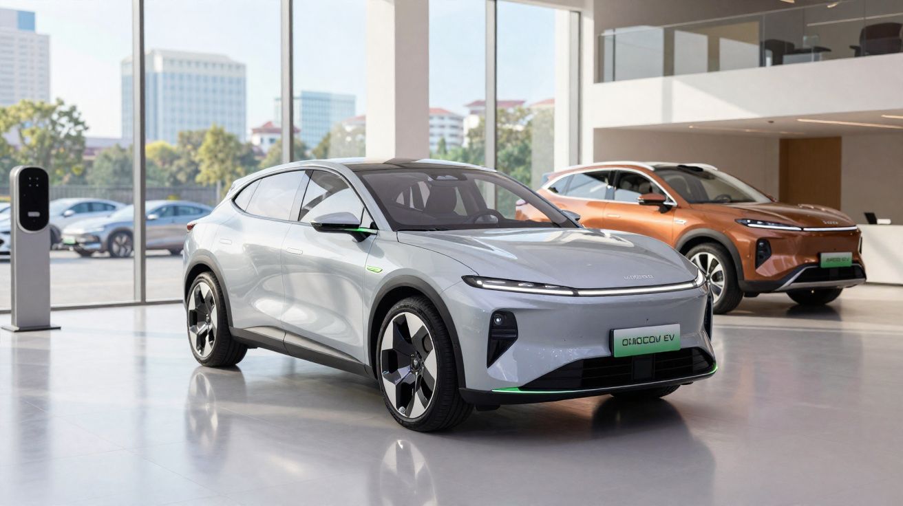 Silver and orange electric SUVs displayed indoors by windows with city view and charging station.