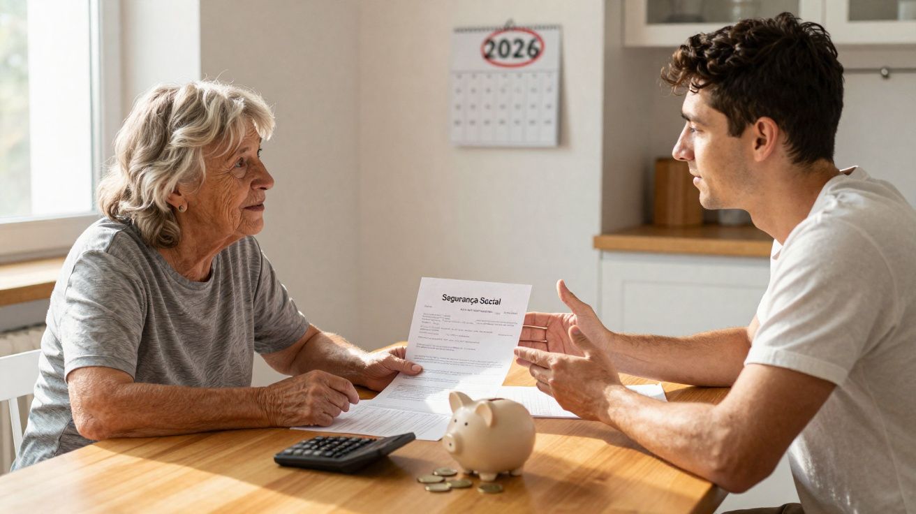 Older woman and young man discussing financial documents at a kitchen table with a piggy bank and calculator.