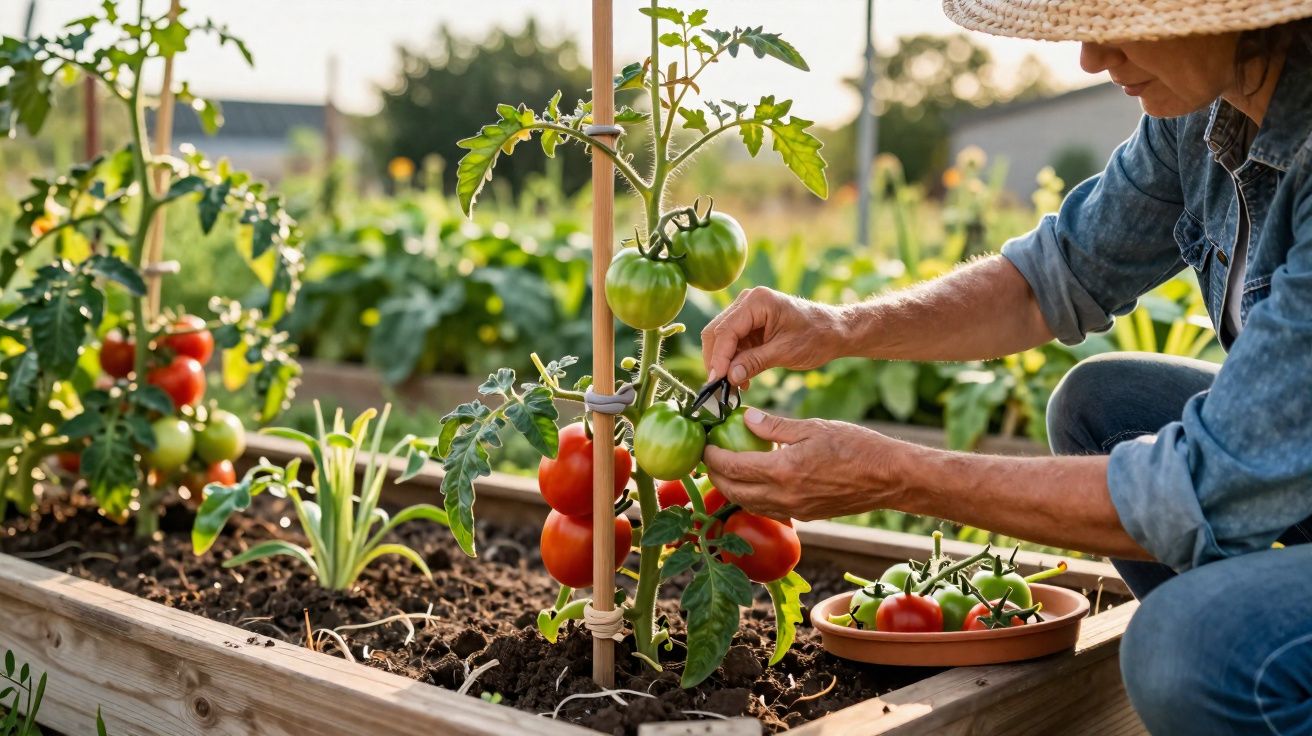 Person harvesting ripe and green tomatoes in a raised garden bed on a sunny day.