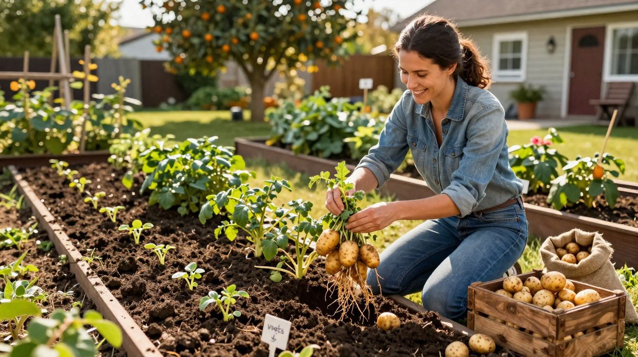 Woman harvesting fresh potatoes from raised garden beds in a sunny backyard garden.