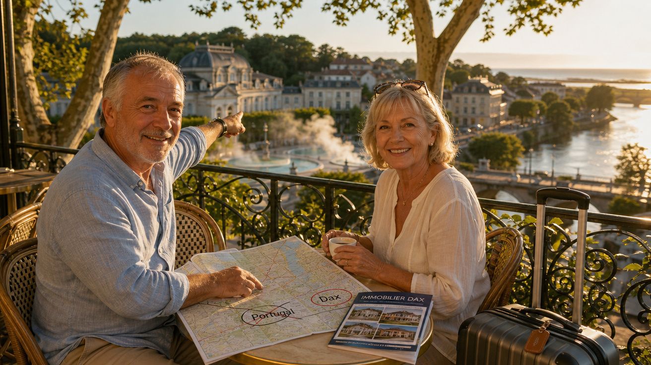 Older couple planning trip with map and guidebook at outdoor cafe overlooking river and city at sunset