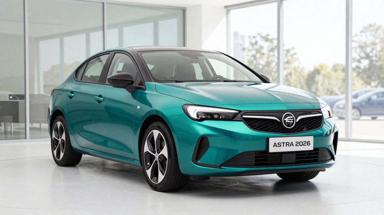 Teal 2026 Astra hatchback car displayed inside a bright showroom with large windows.