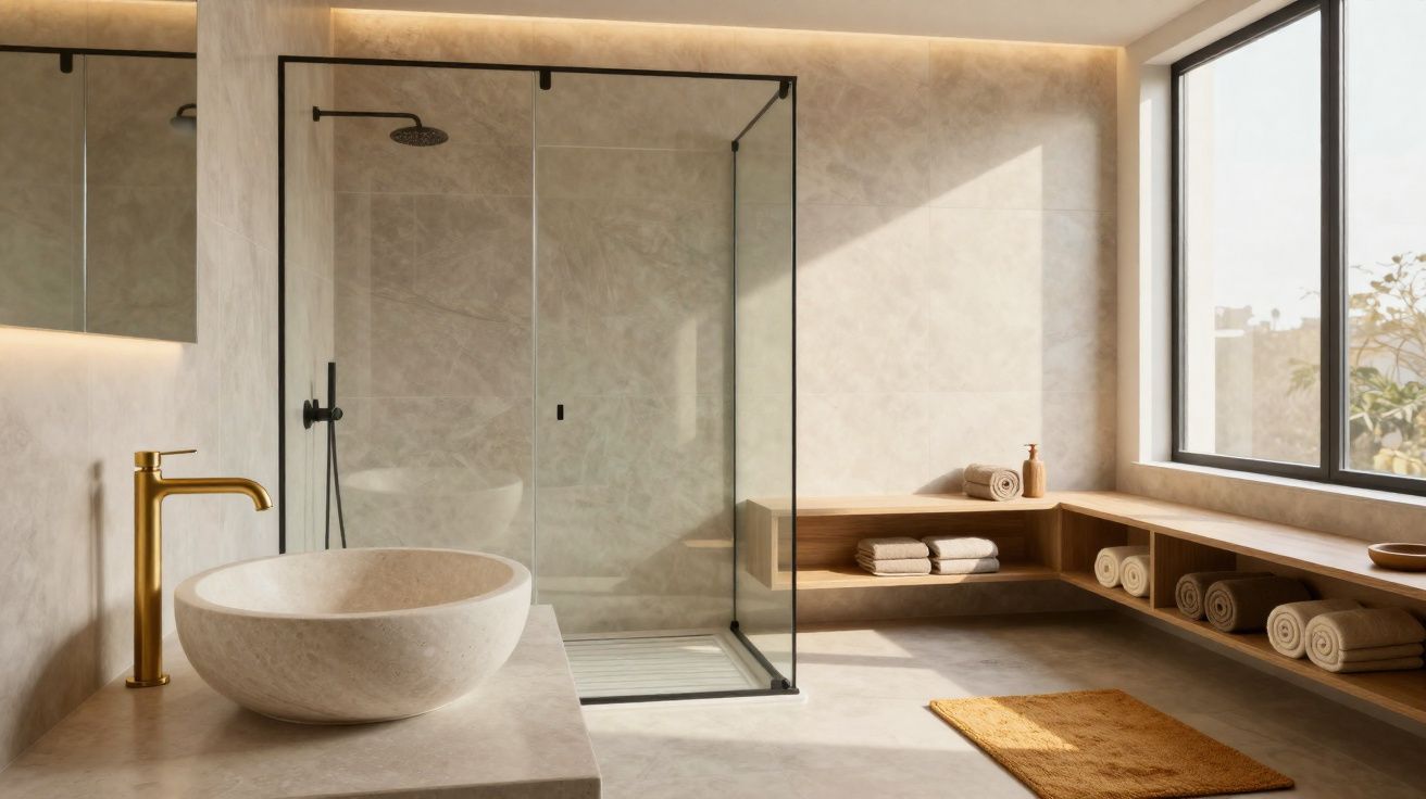 Bright modern bathroom with glass shower, stone sink, gold faucet, wooden shelves, rolled towels and large window.