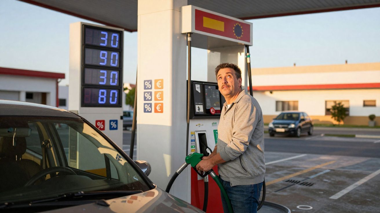 Man refuelling car at petrol station during sunset with fuel prices displayed in euros.