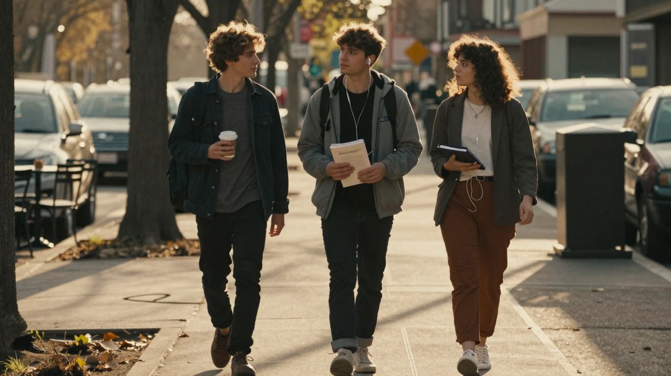 Three young adults walk and talk on a city sidewalk, holding books and a coffee cup.