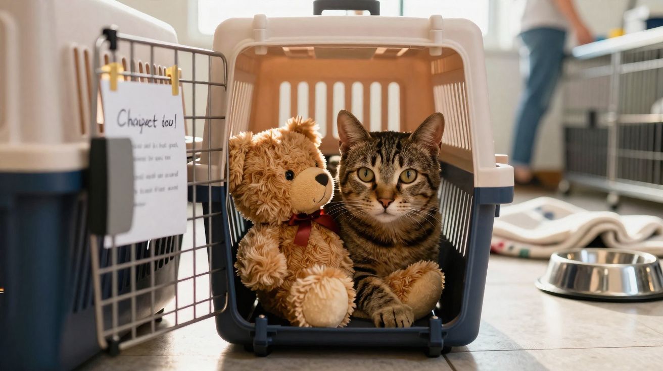 Tabby cat sitting inside a pet carrier next to a teddy bear on a tiled floor in a home.