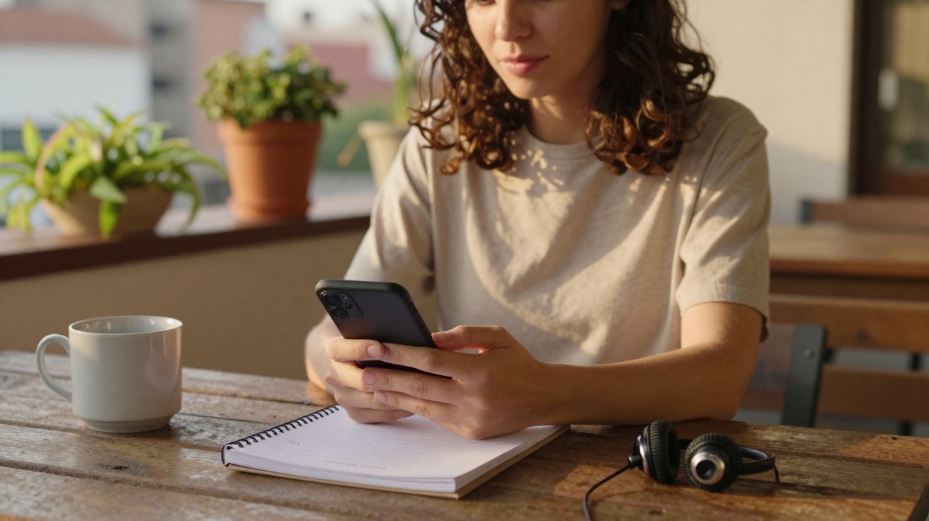Woman using smartphone at wooden table with notebook, headphones, and coffee cup in natural light.