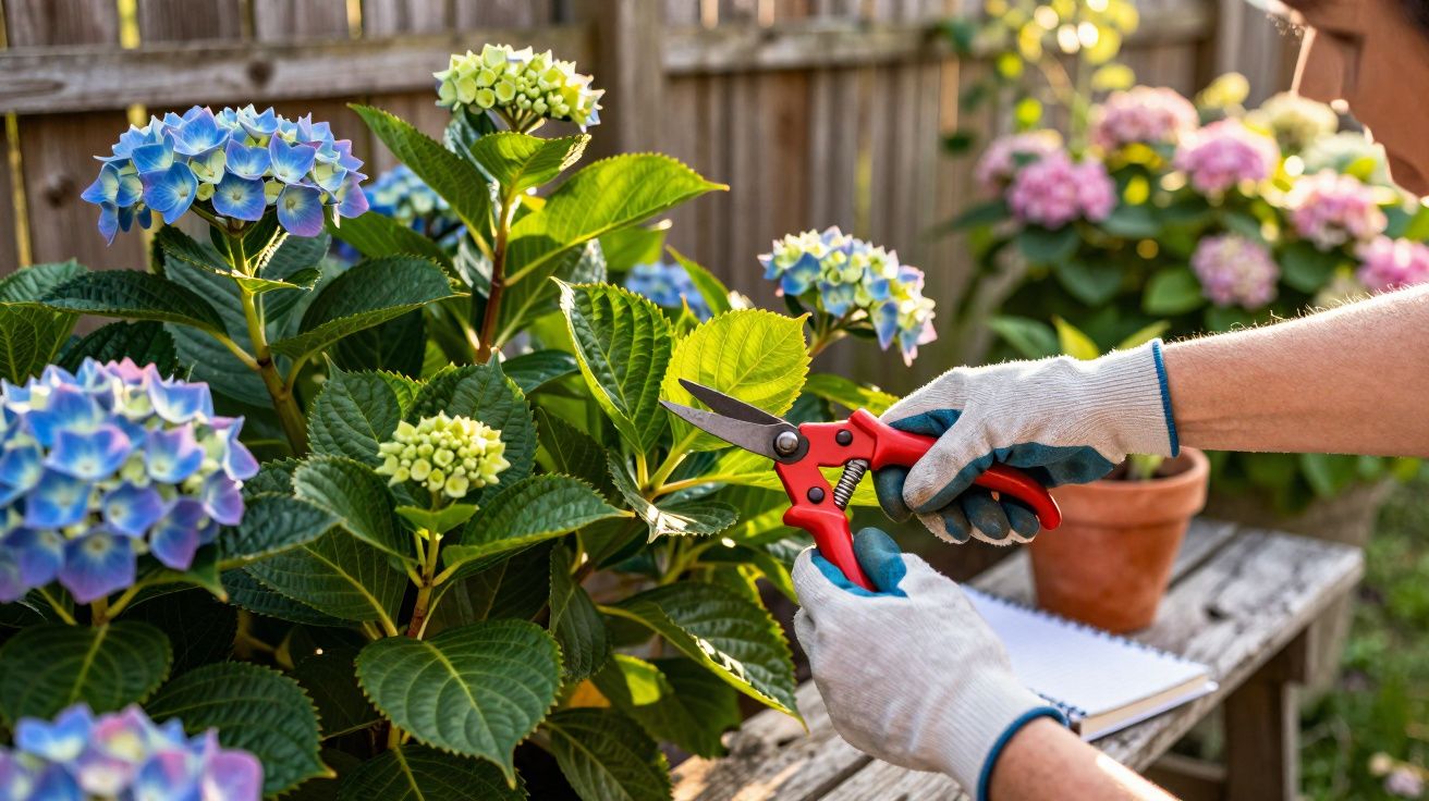 Person wearing gloves pruning blue and green hydrangea flowers in a garden with a wooden fence background.