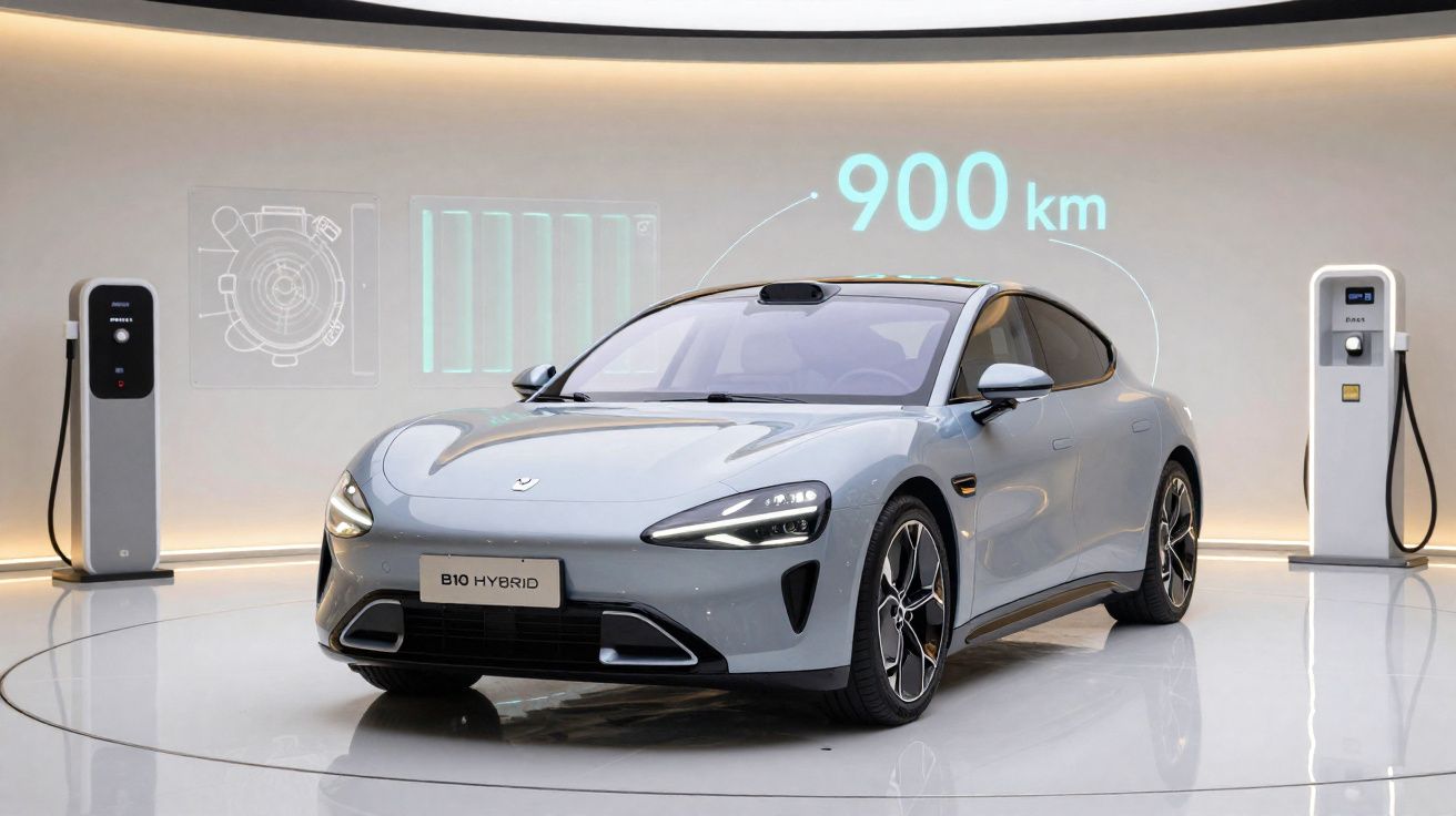 Silver B10 Hybrid electric car displayed indoors with 900 km range and charging stations on each side.