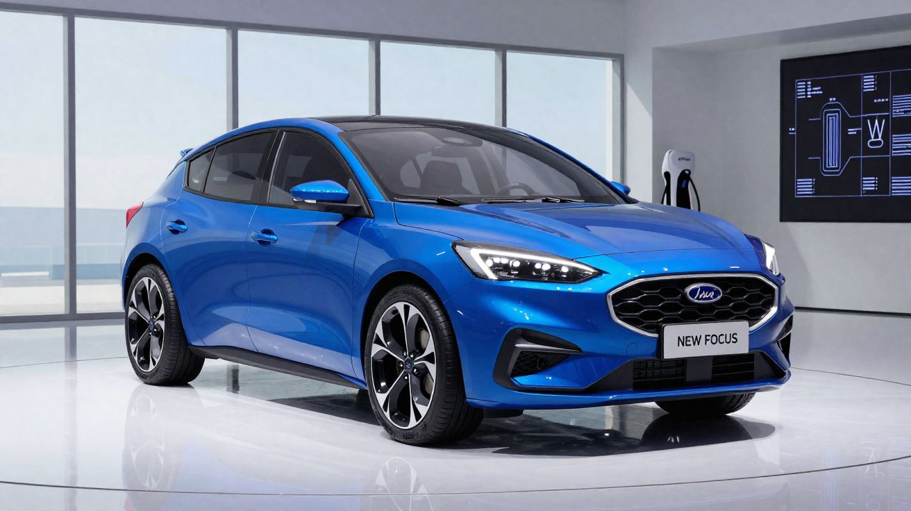 Blue Ford New Focus hatchback car displayed in a showroom with large windows and a digital screen on the wall.