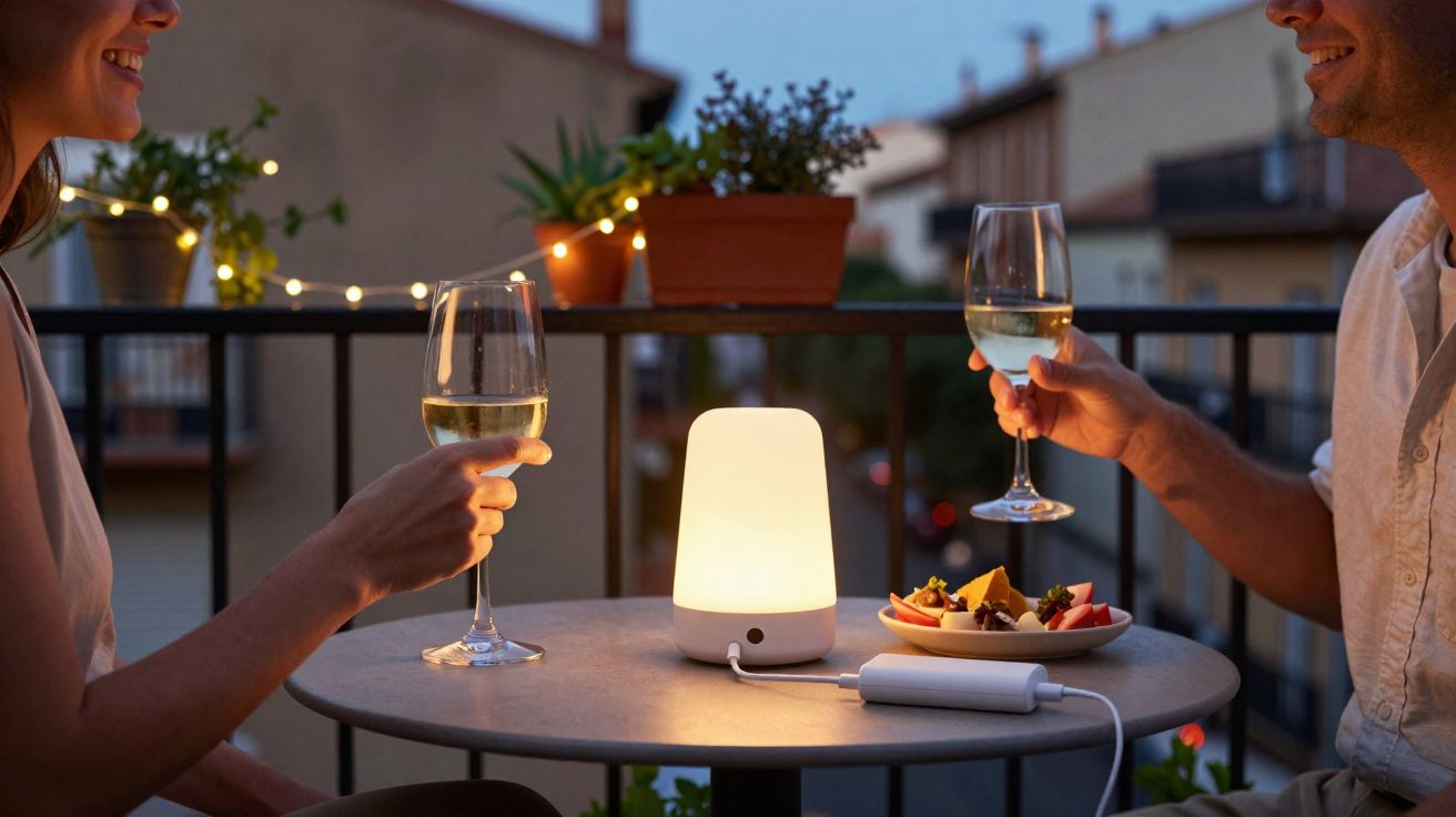 Couple enjoying evening drinks and snacks on balcony with soft glowing lamp and plants in background.