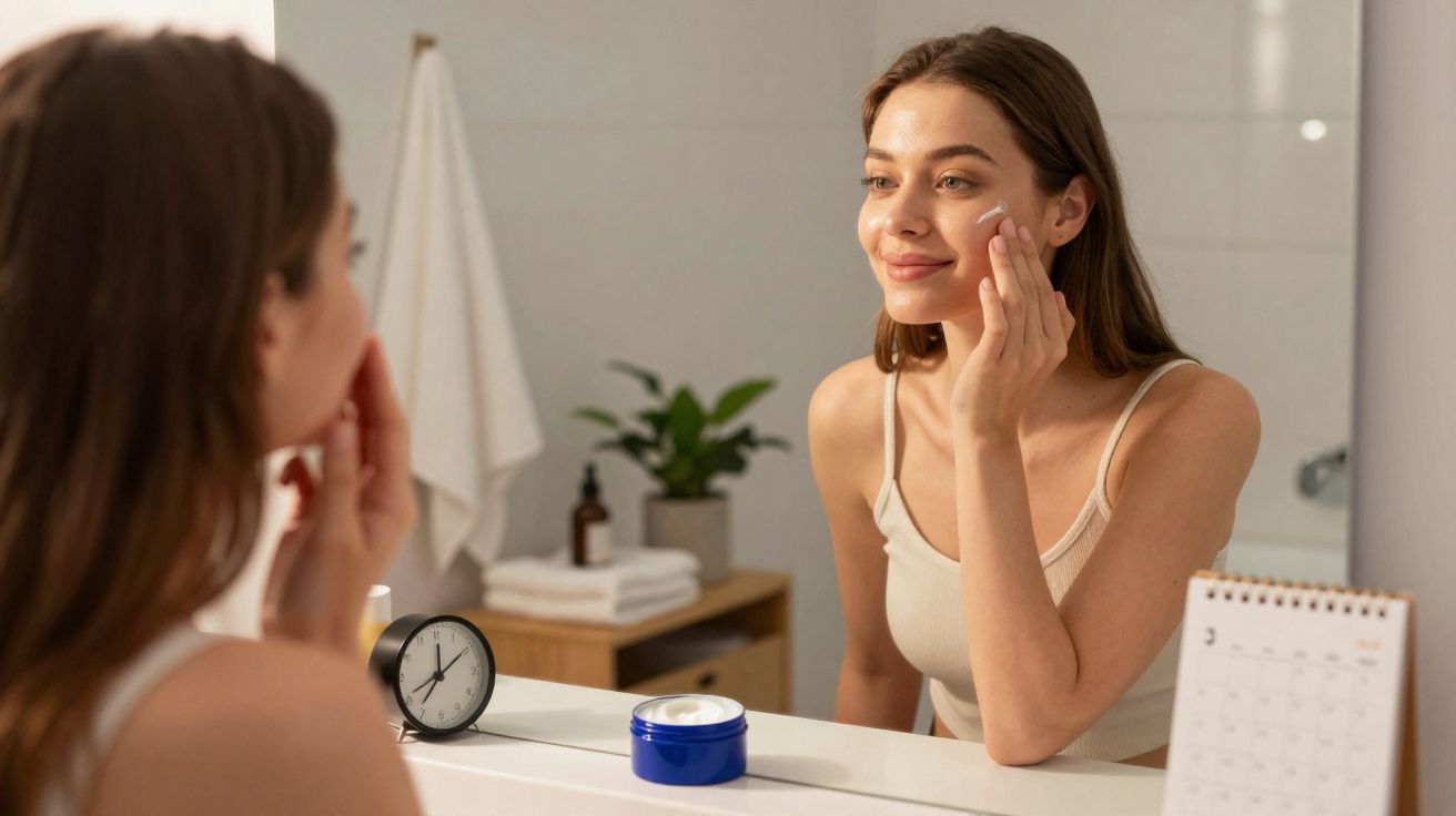 Young woman applying face cream in front of a bathroom mirror with a clock and calendar nearby.