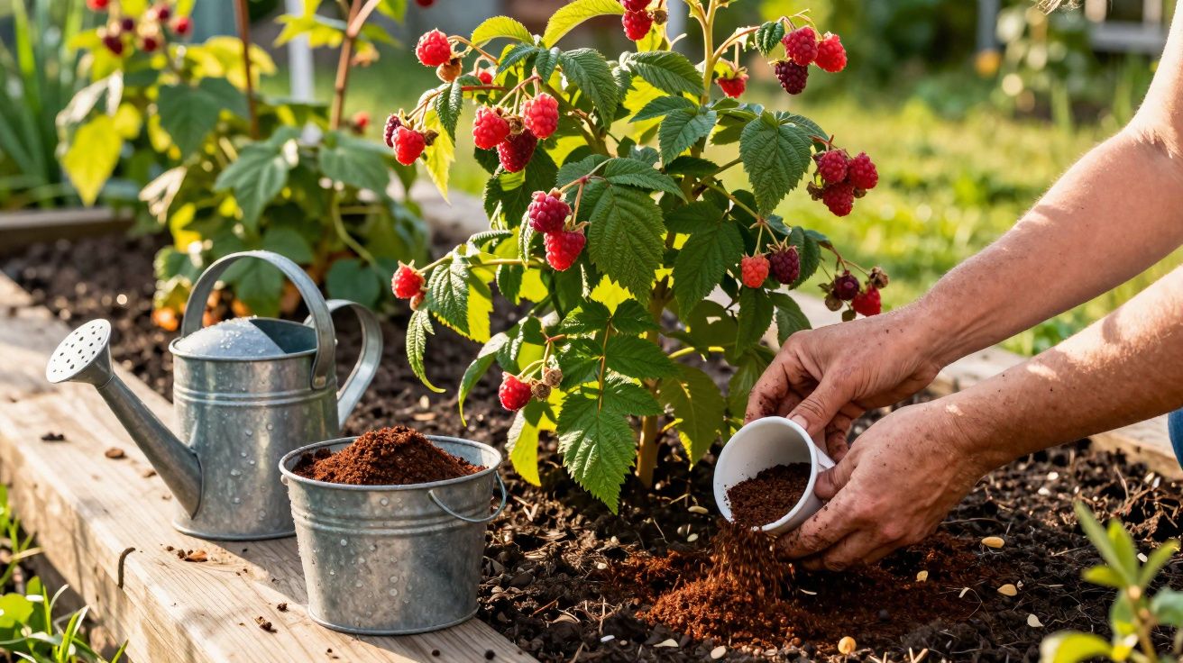 Hands adding soil near a raspberry bush in a garden with a watering can and container of soil nearby.