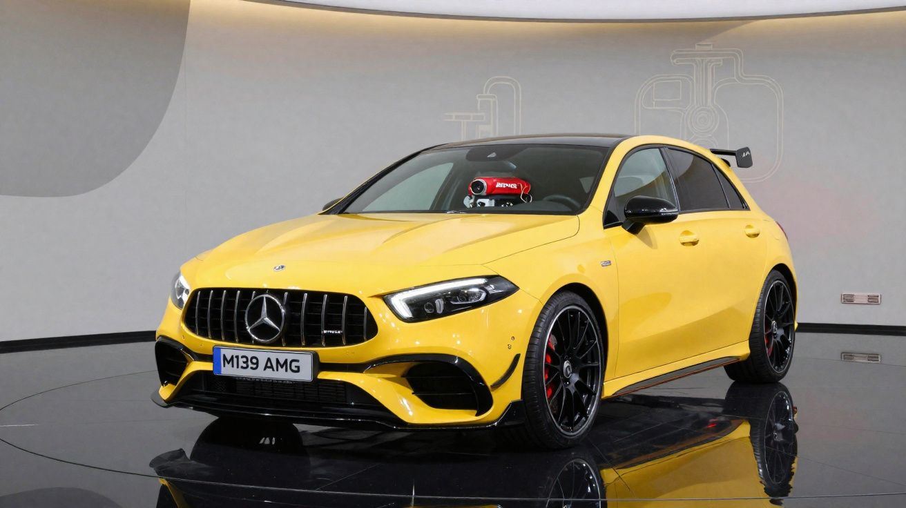 Yellow Mercedes-Benz AMG hatchback with black roof and sporty accents displayed indoors on glossy floor