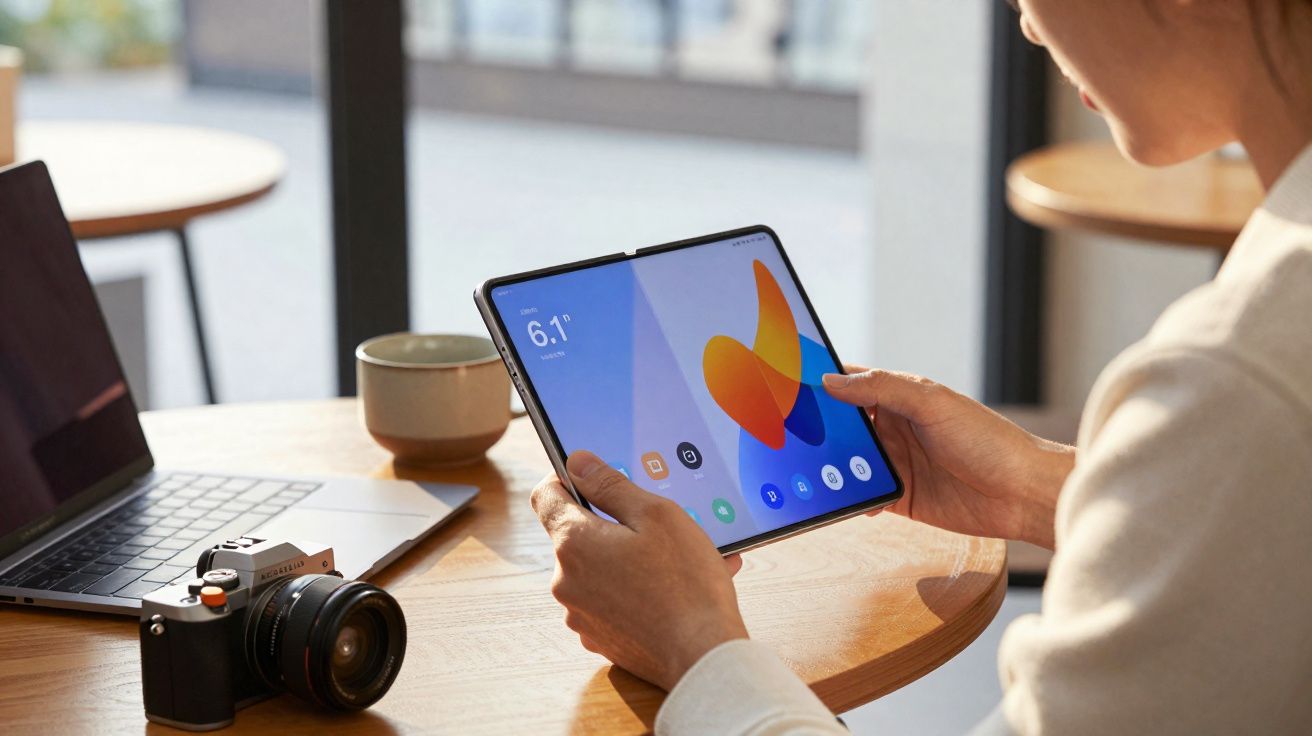 Person holding a foldable smartphone displaying weather app at a round table with laptop, camera, and coffee cup.