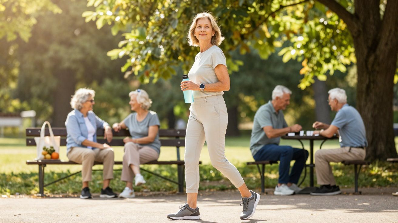 Active middle-aged woman walking with water bottle in park while elderly people chat and play games on benches nearby.