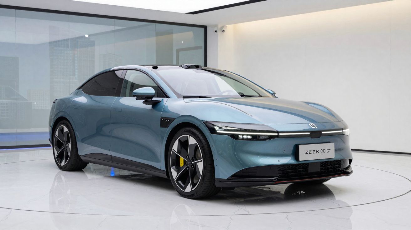 Sleek blue Zeekr 001 GT electric car displayed in a modern showroom with glossy floor and glass wall.