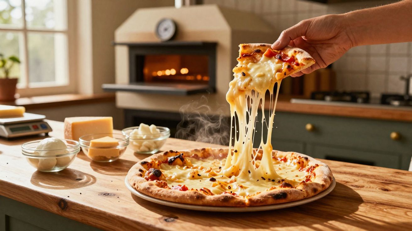 Hand pulling a hot, steaming cheese pizza slice with melted cheese stretching on a wooden kitchen table.