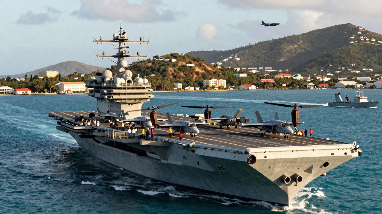 Aircraft carrier with helicopters on deck sailing near a coastal town with hills in the background and plane in the sky.