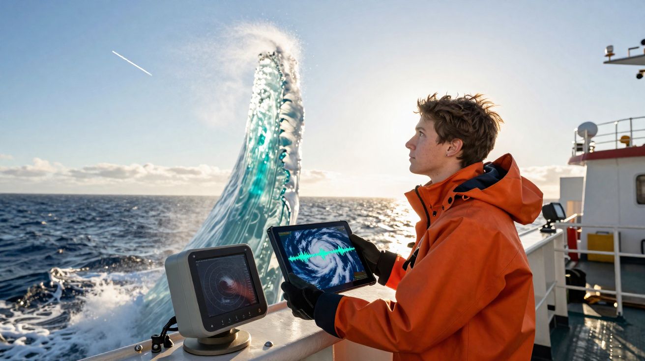 Person in orange jacket on a boat holding a tablet with storm data as a large wave curls behind them.