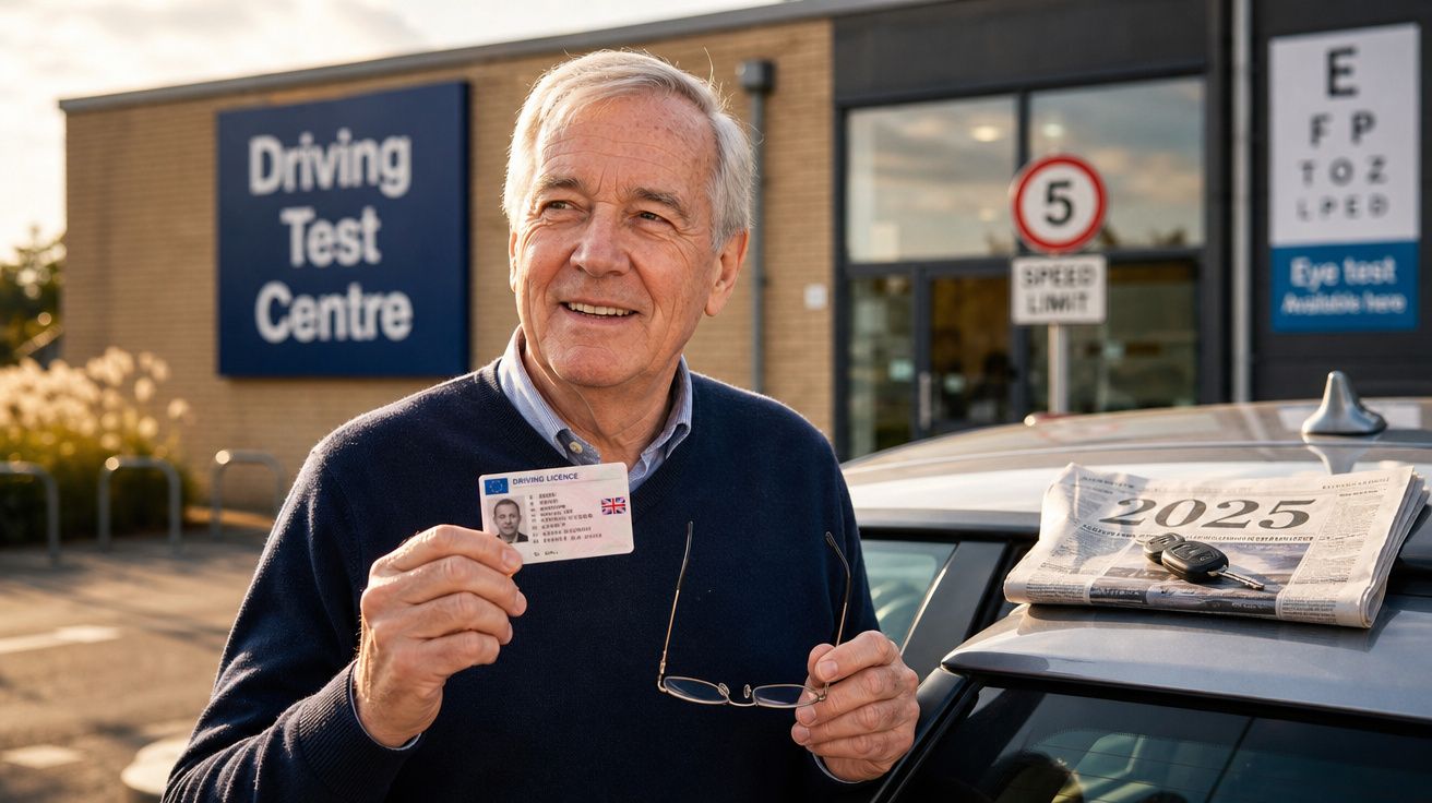 Older man holding a driving licence outside a Driving Test Centre next to a car with keys and a 2025 newspaper on the roof.