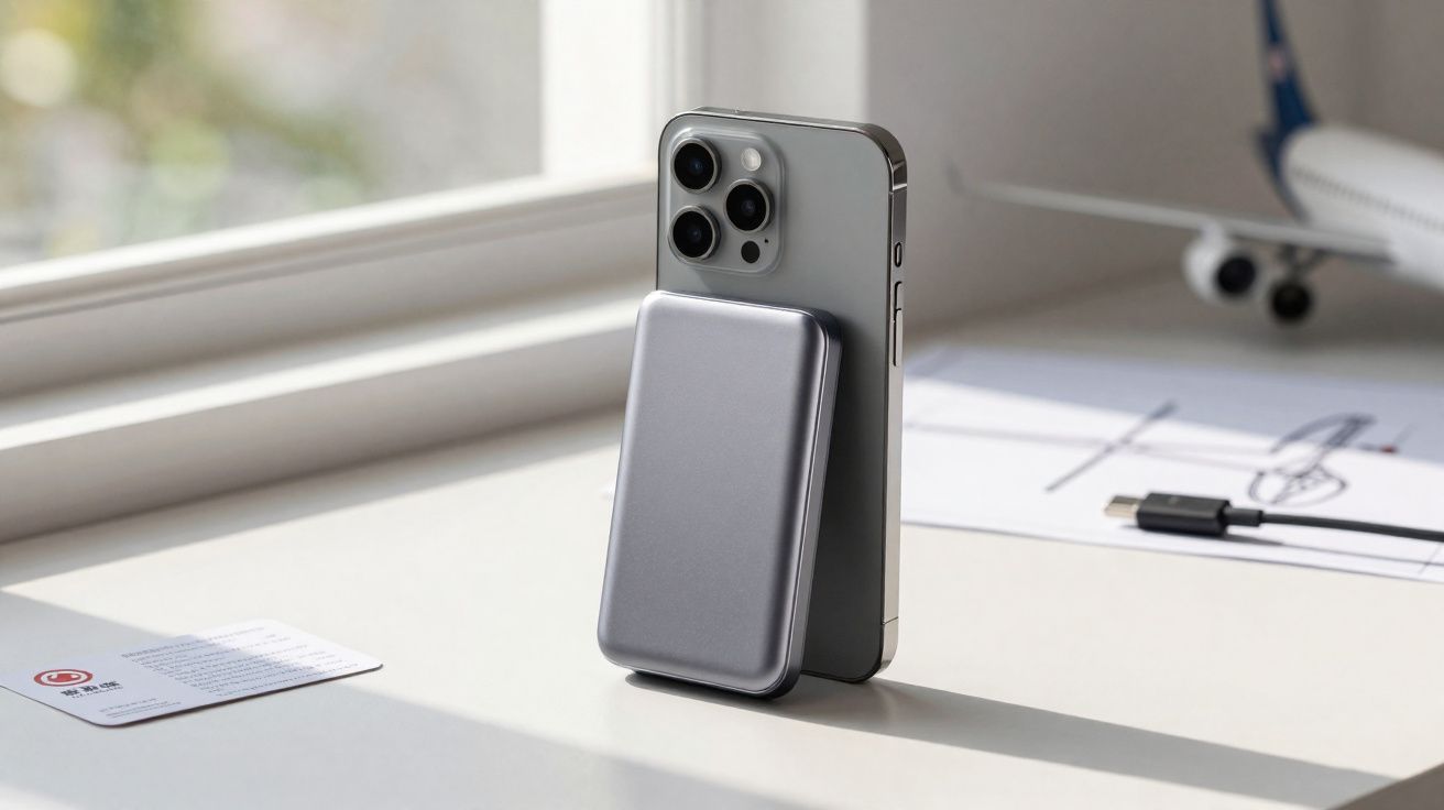 Silver smartphone with triple camera and attached portable grey power bank on white surface near window.