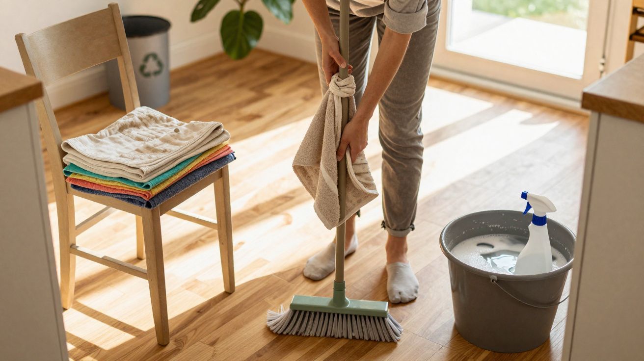 Person wringing out a cloth over a broom on a wooden floor next to a grey bucket and folded laundry on a chair.