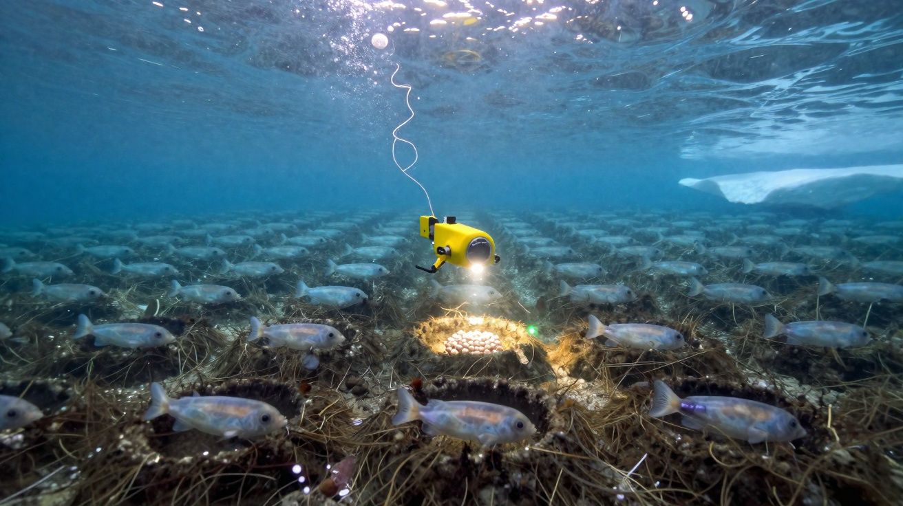 Underwater view of a yellow remotely operated vehicle inspecting a fish farm with salmon in nets.