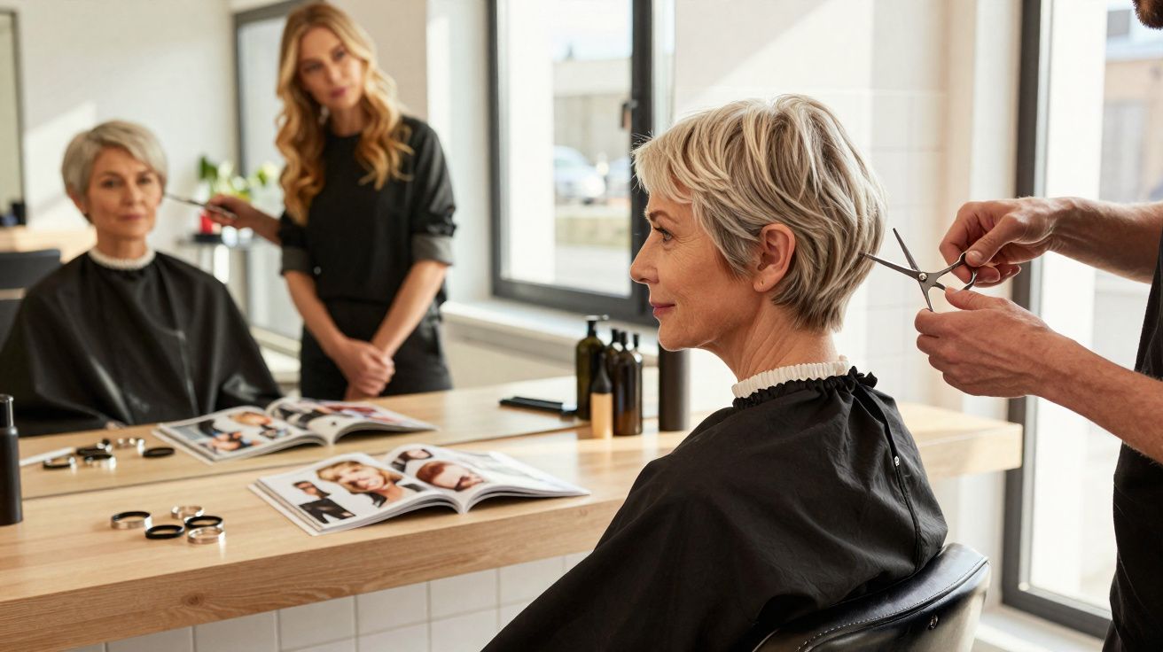 Woman with short grey hair getting a haircut from a stylist in a bright salon with magazines on the counter.