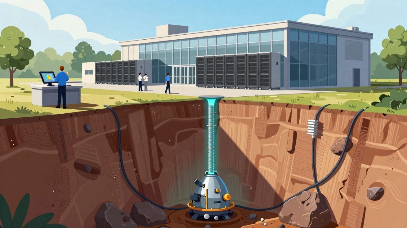Cutaway view of underground geothermal energy system powering a modern glass building with people outside.