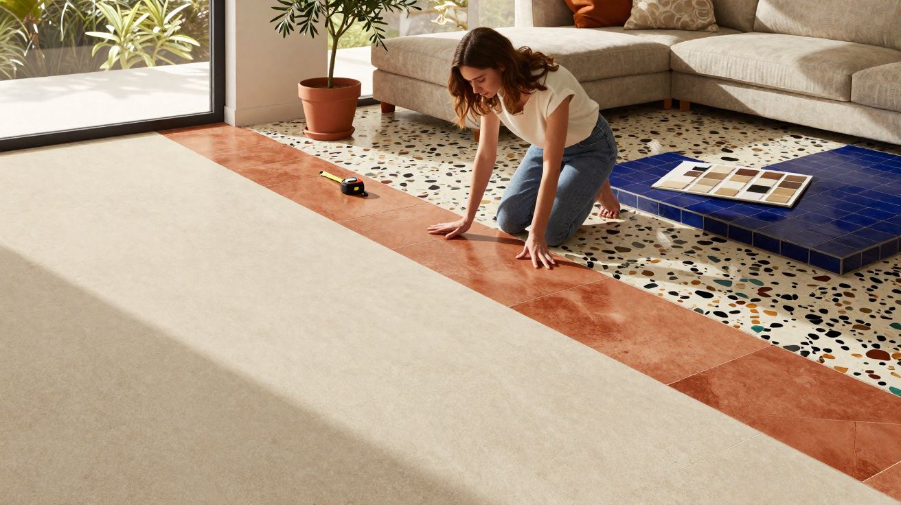 Woman kneeling on a terrazzo floor beside a blue-tiled table with colour samples in a sunny living room.
