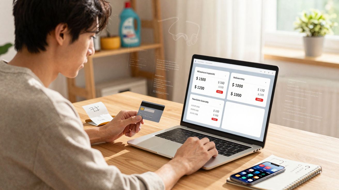 Person holding a credit card and shopping online on a laptop at a wooden desk with a smartphone nearby.
