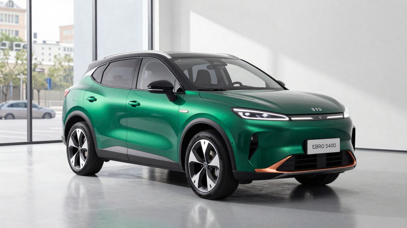 Green electric SUV with black roof and alloy wheels displayed in a bright showroom.