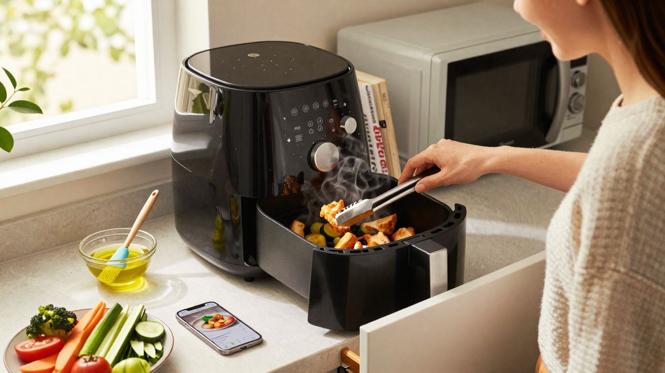 Person using tongs to take roasted vegetables from a black air fryer on a kitchen counter.