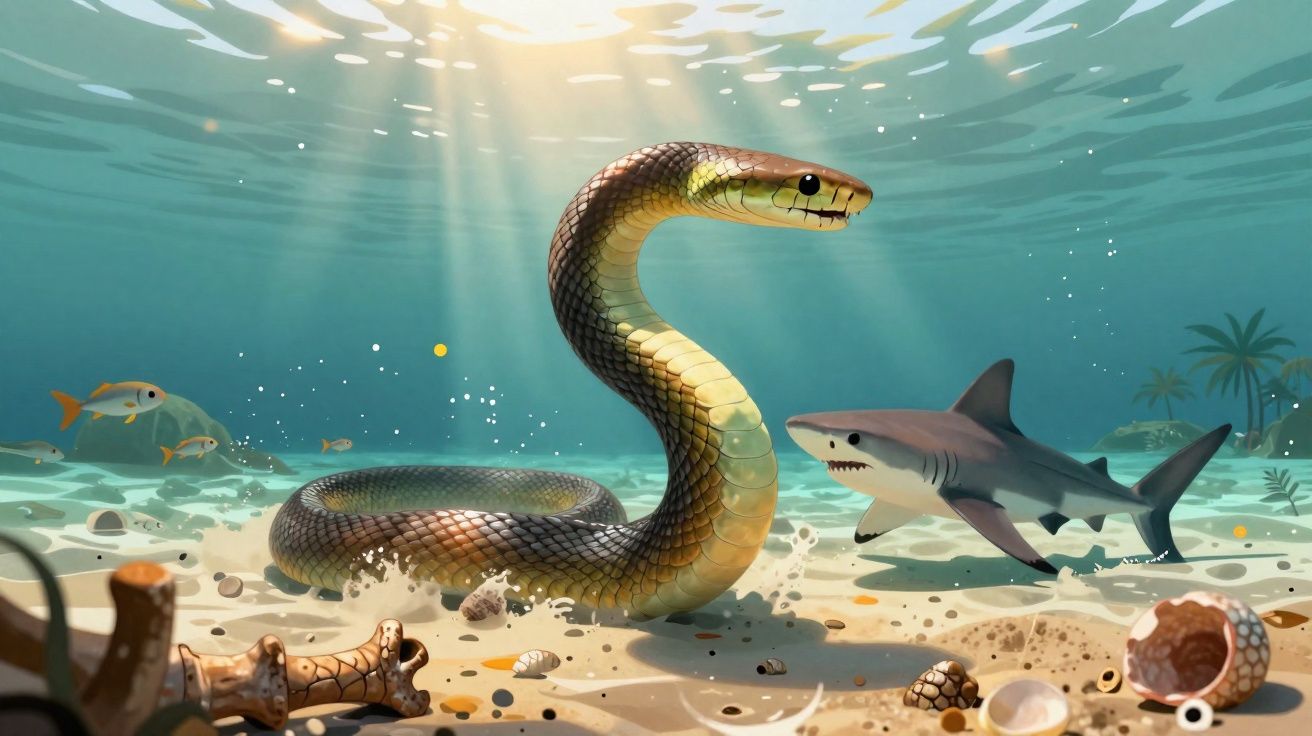 Large sea snake and shark face each other on ocean floor with scattered shells, coral, and sun rays filtering through water.