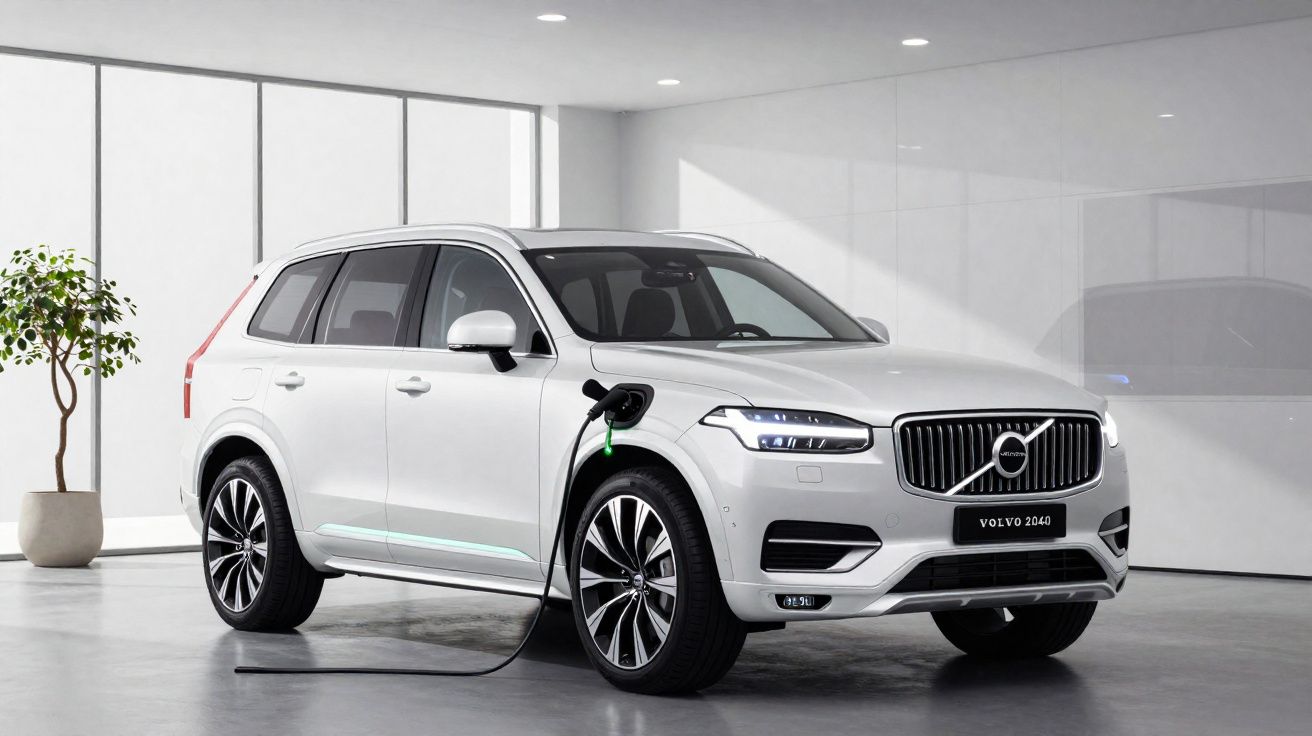 White Volvo XC90 electric SUV charging indoors next to a potted plant in a modern white room.