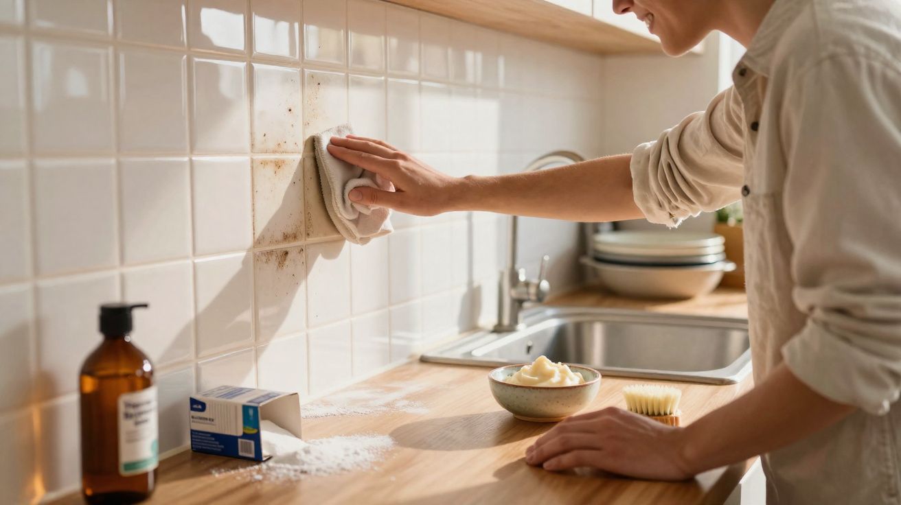 Person cleaning stained white kitchen wall tiles with a cloth over a wooden countertop next to a sink.