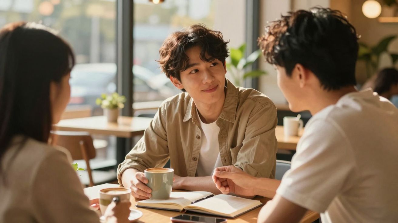 Three young adults having coffee and conversation at a cafe table with notebooks and phones.