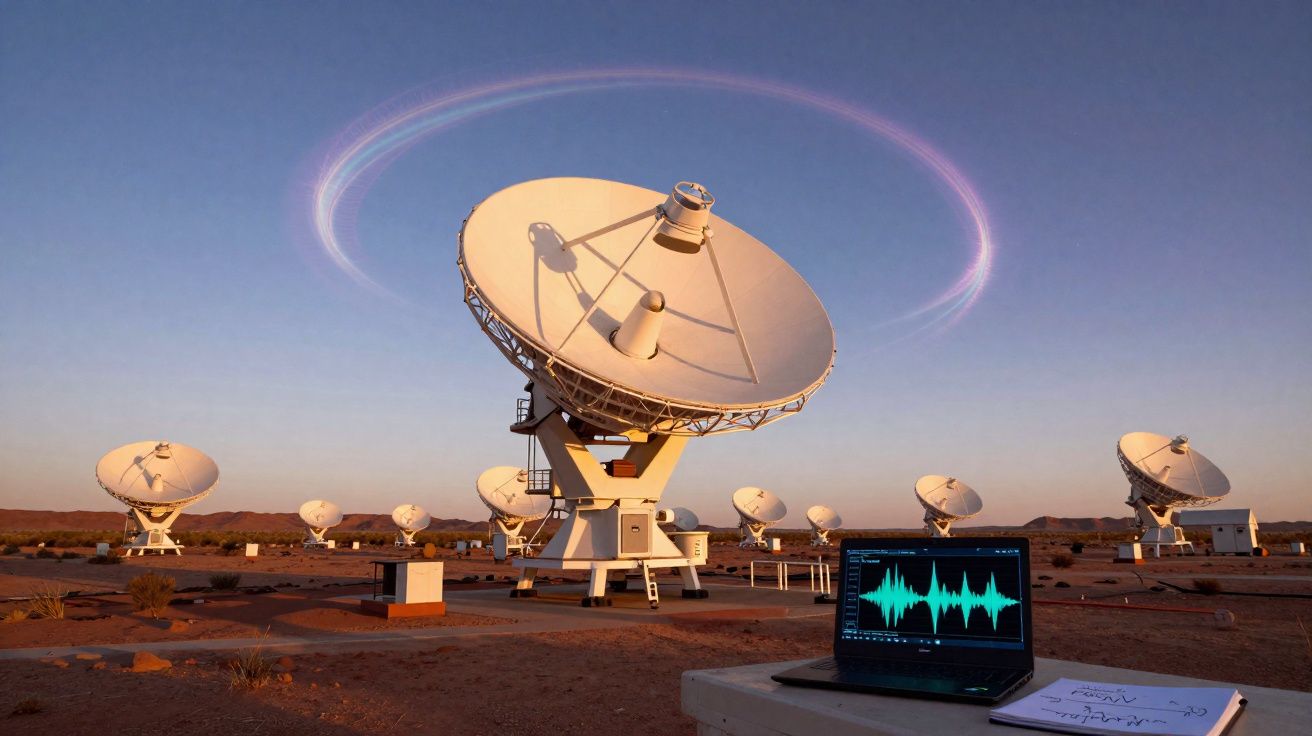 Array of large satellite dishes in desert with a laptop showing signal waves on a table in foreground.