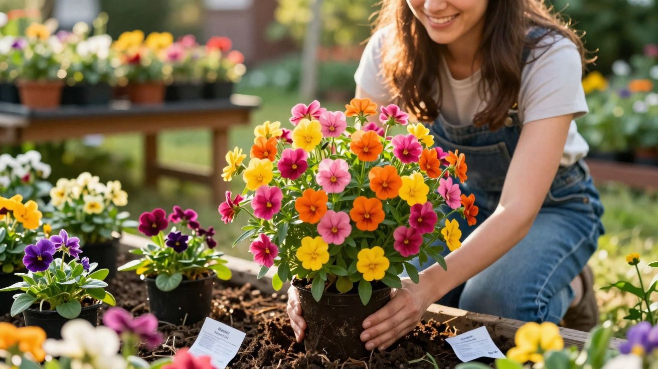 Person planting a pot of colourful pansy flowers in a garden bed outdoors.