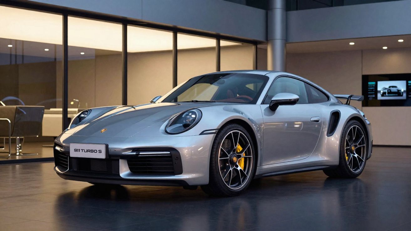 Silver Porsche 911 Turbo S sports car displayed indoors with modern glass walls and polished flooring.