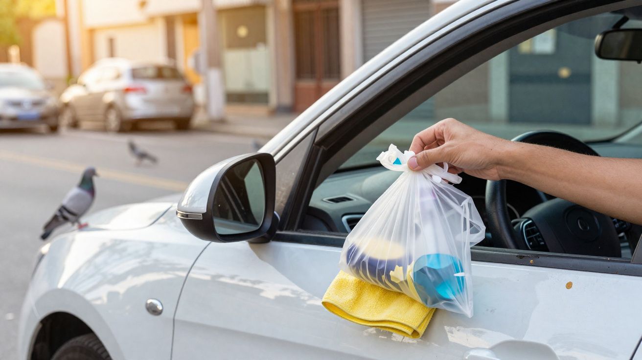 Hand holding a plastic bag with car cleaning supplies out of a white car window on a sunny street.
